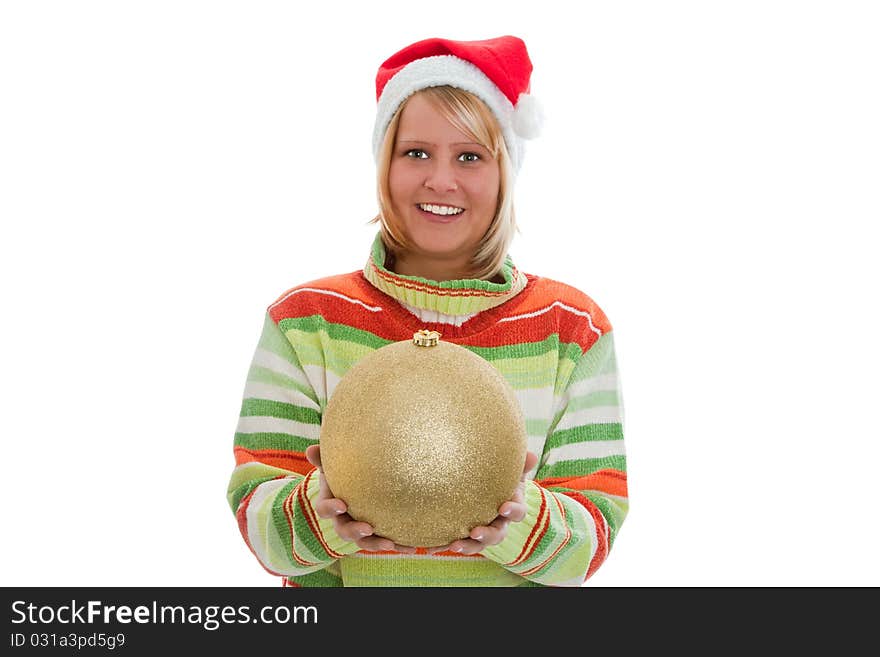 Young woman with santa hat holding a christmas ball - isolated. Young woman with santa hat holding a christmas ball - isolated