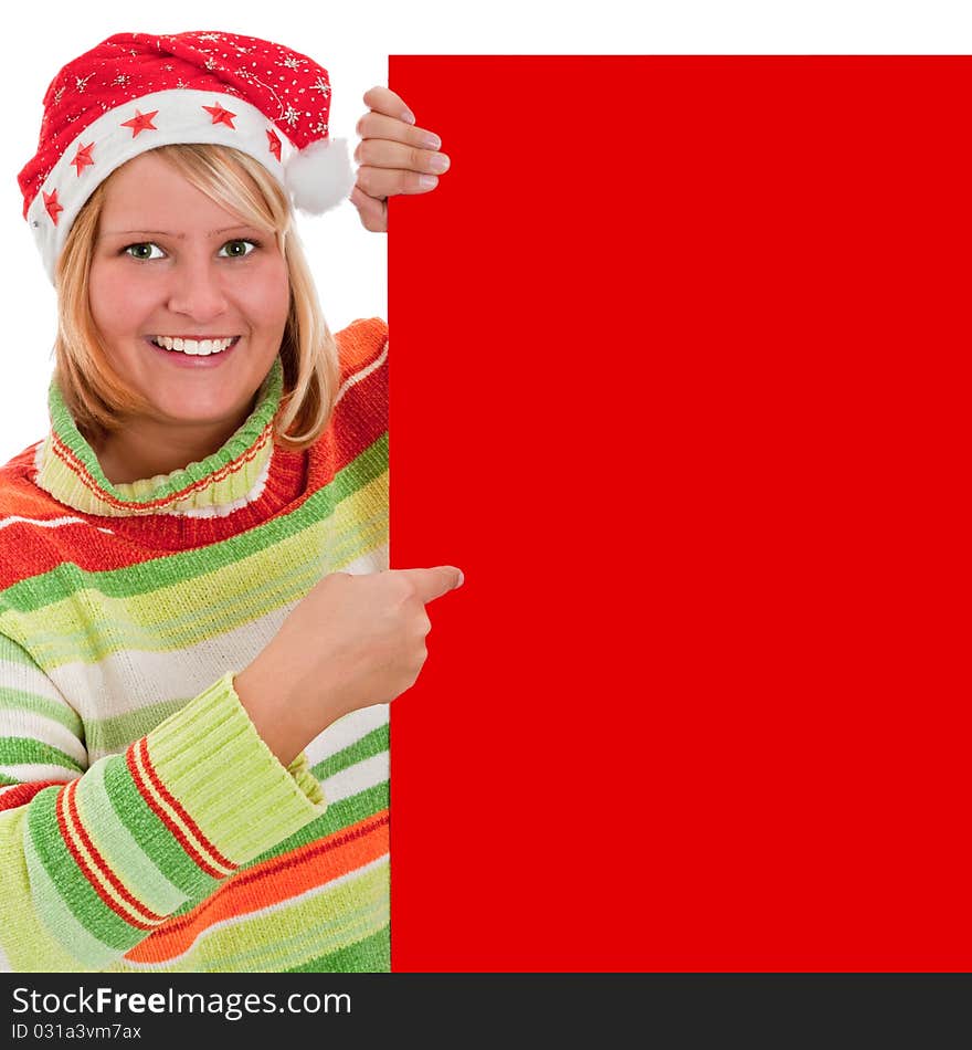 Young woman with santa hat holding a red billboard - isolated