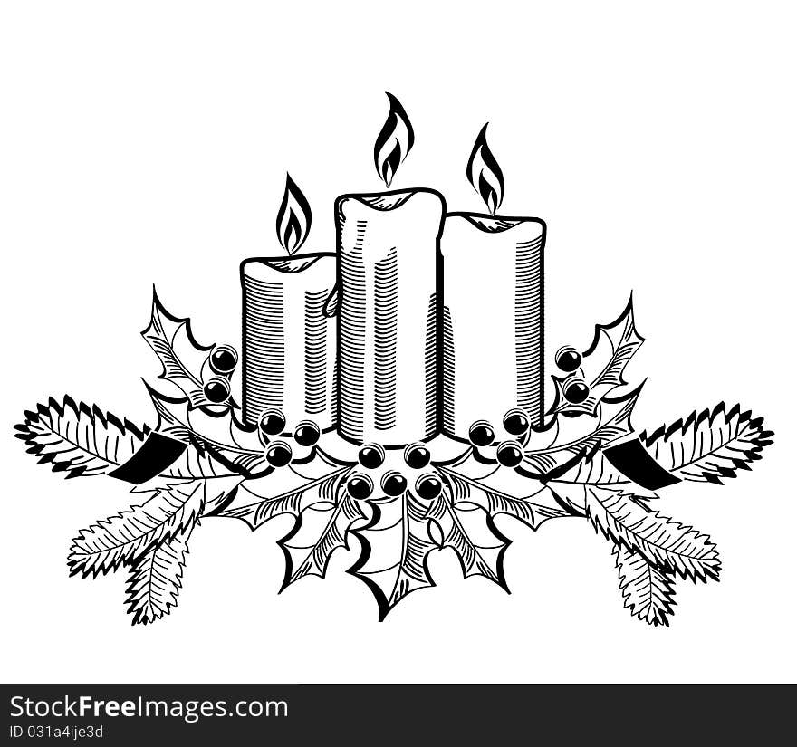 Christmas candles and holly sprigs on white.Vector vintage image