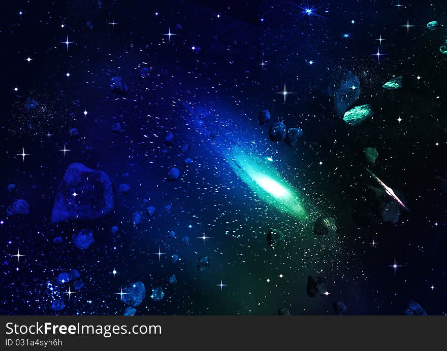 Stars and meteorites in a free space. Stars and meteorites in a free space