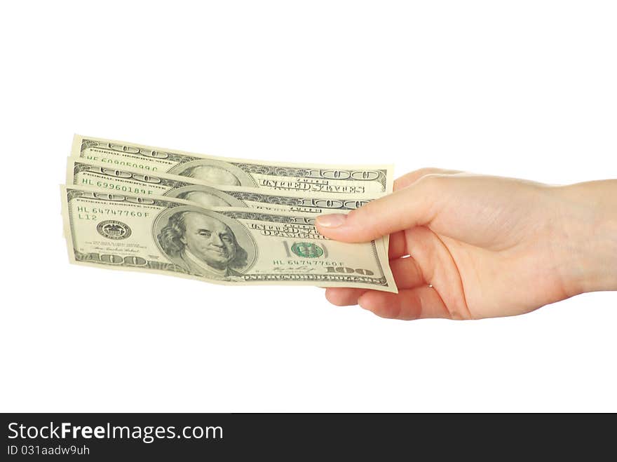 Hand with money isolated on white background