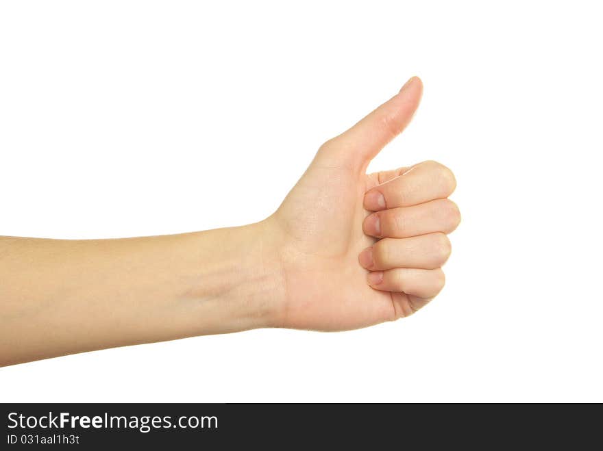 Human hand showing thumbs up isolated on white