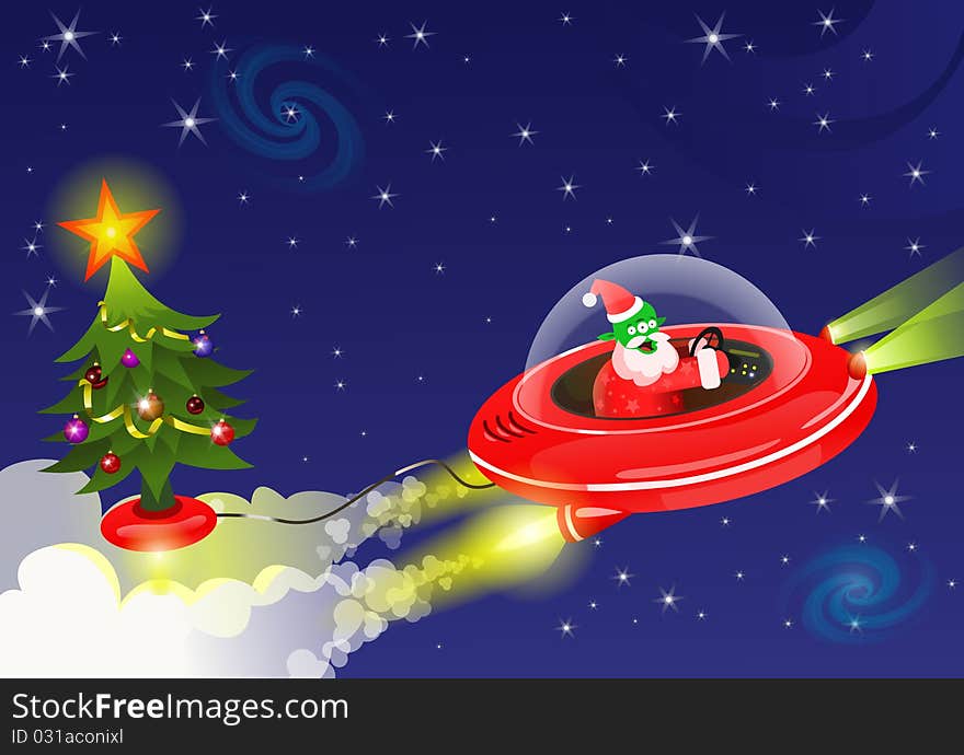 Santa Claus fly with christmas tree in space. Santa Claus fly with christmas tree in space.