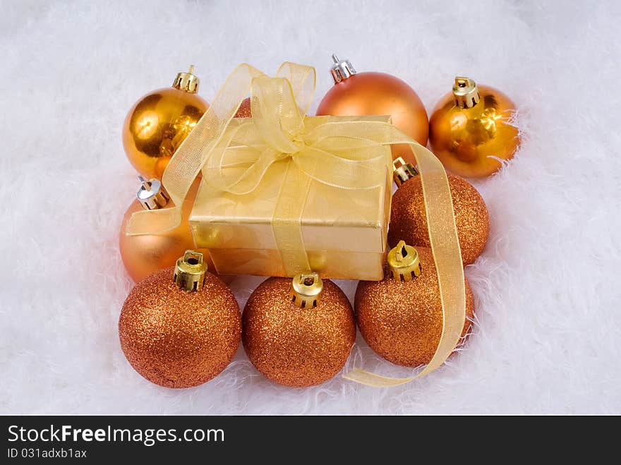 Christmas spheres and golden box