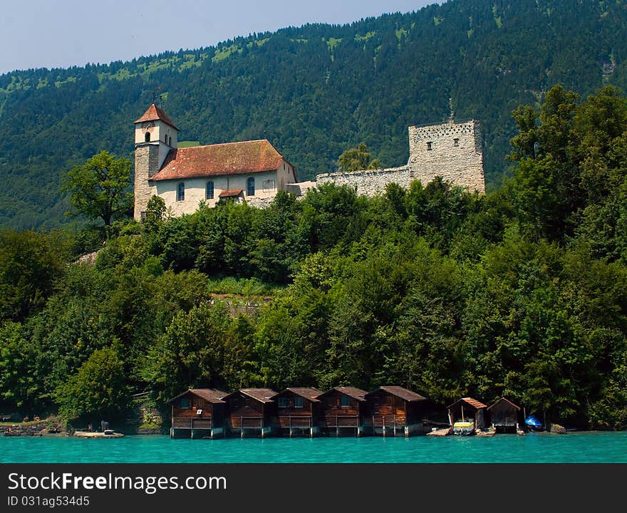 View from a boat on one of the lakes at Interlaken. View from a boat on one of the lakes at Interlaken