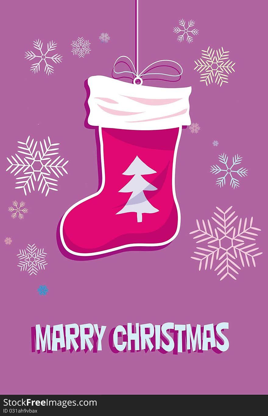 Christmas card with a red sock and snowflakes. Christmas card with a red sock and snowflakes