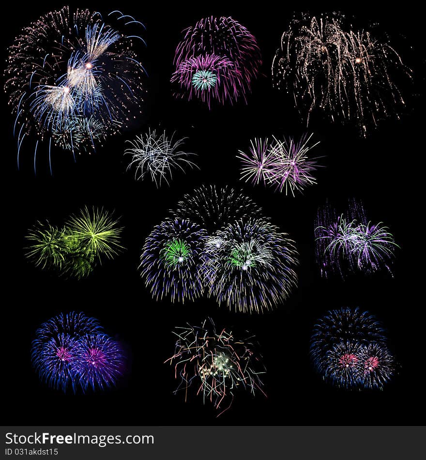 Set of isolated colored fireworks explosions on black