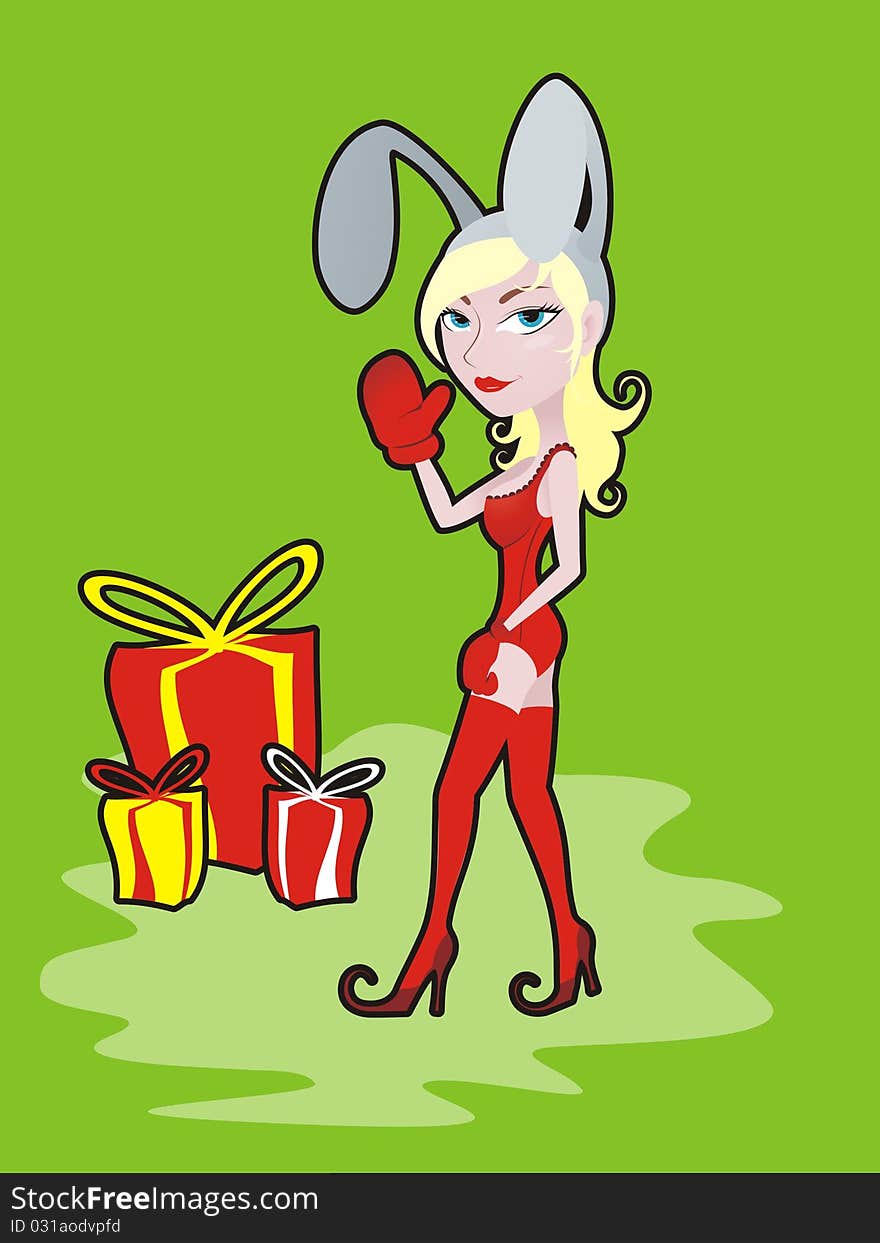 Illustration of a bunny-girl with gifts on a green background