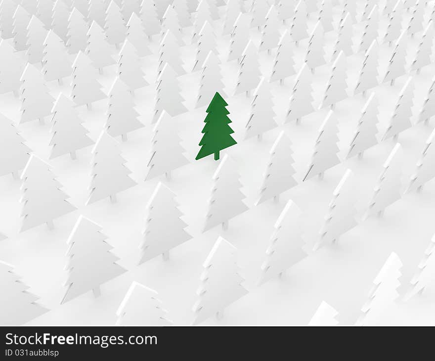 Green tree among white pines, on white background, 3d render