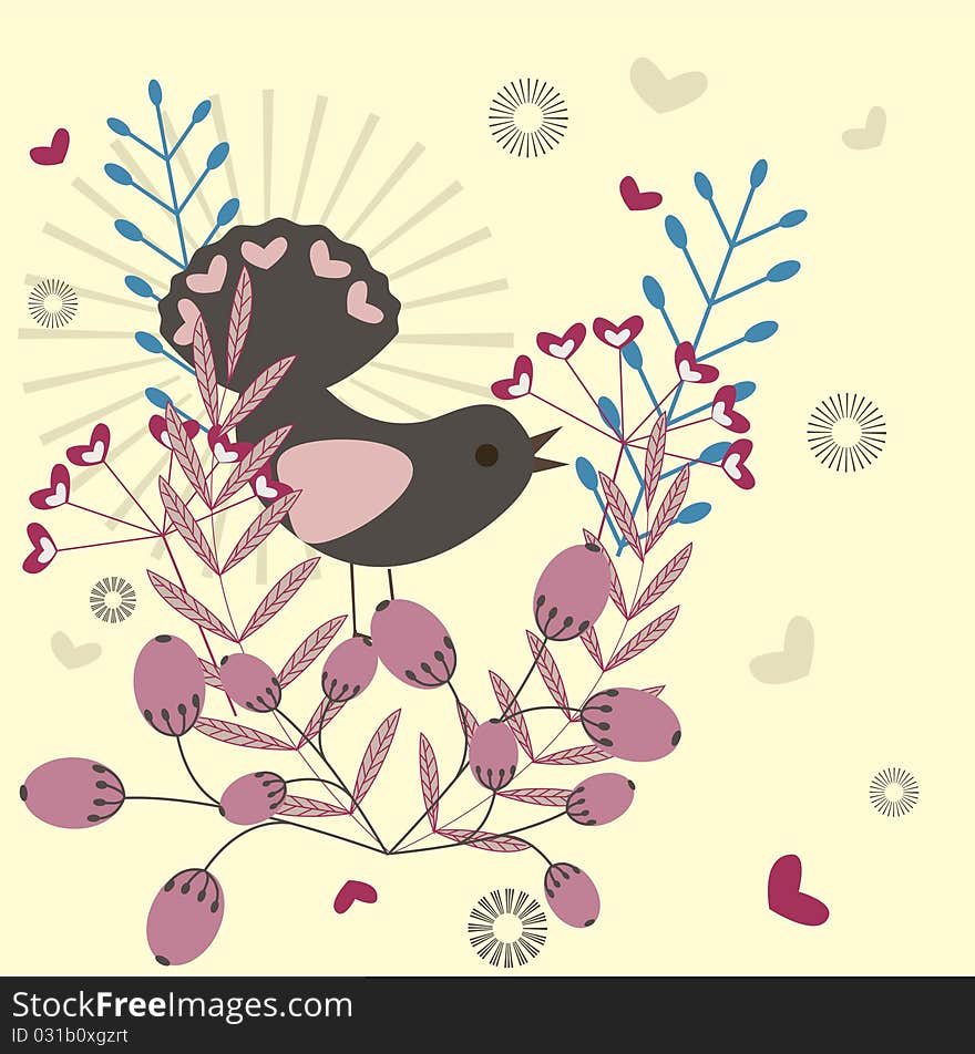 Stylized natural illustration - bird, flowers and berries. Stylized natural illustration - bird, flowers and berries