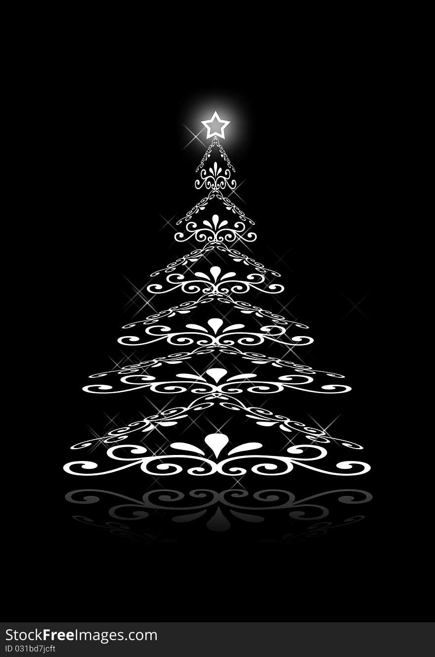 Abstract white christmas tree on black background.