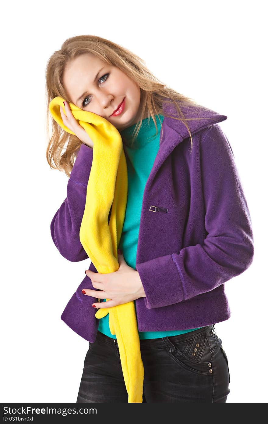 Beautiful girl with a yellow scarf isolated on a white background. Beautiful girl with a yellow scarf isolated on a white background