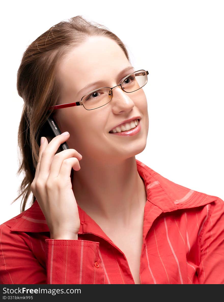 Happy businesswoman on phone