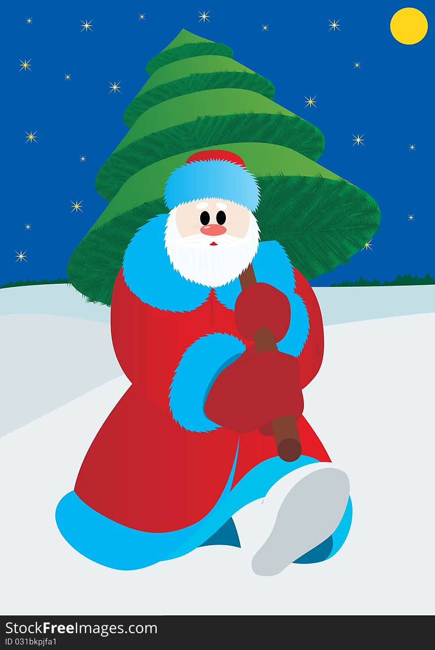 Santa Claus with Christmas tree is in the field of forests.