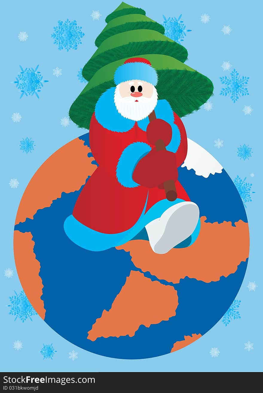 Abstraction on the New Year. Santa Claus with a tree on the background of the Earth and the falling snowflakes. Abstraction on the New Year. Santa Claus with a tree on the background of the Earth and the falling snowflakes.