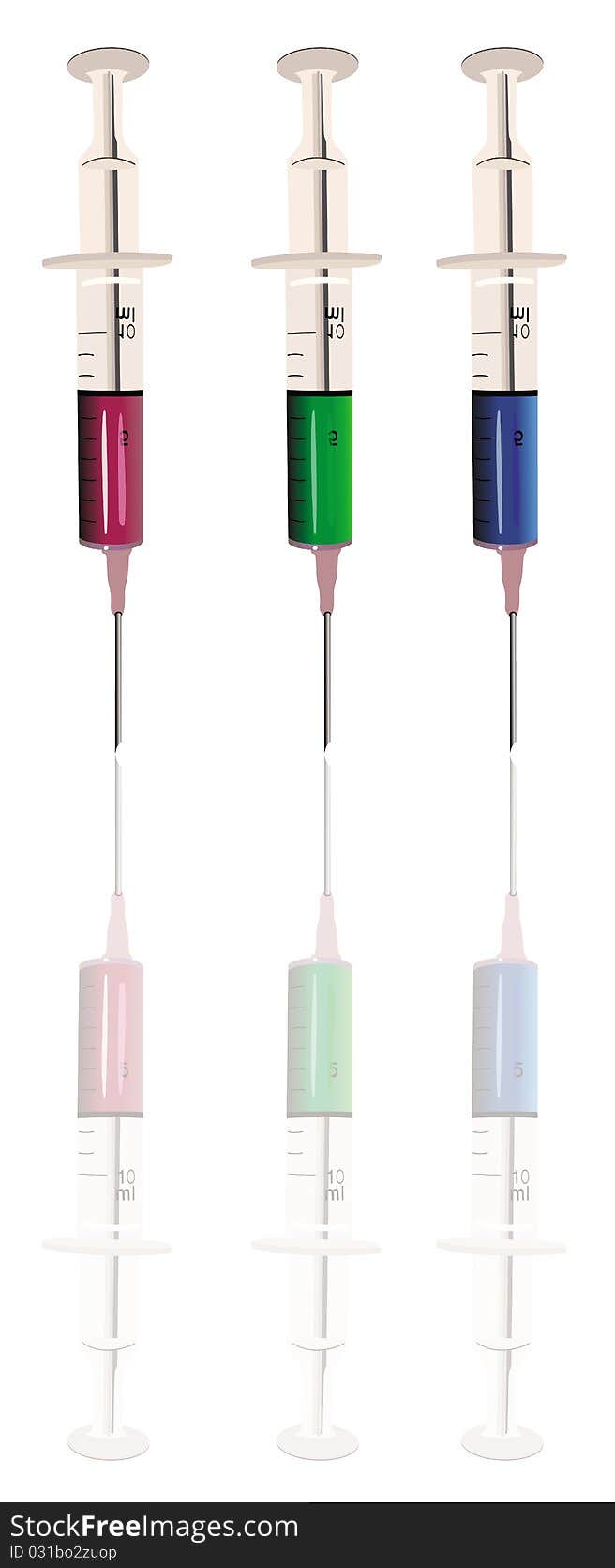 This image represents three syringe with different colors. This image represents three syringe with different colors