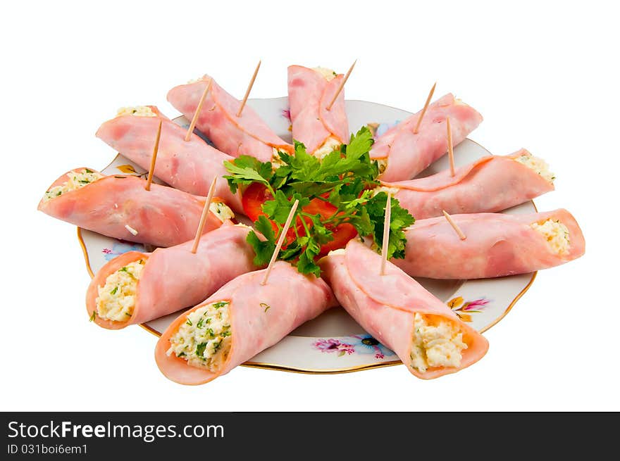 Vetchinnyj roll with cheese on a white background