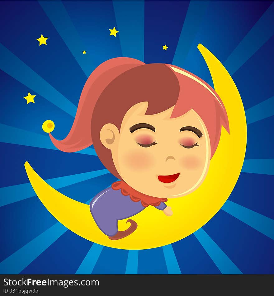 Relaxed Girl In Pajamas, Sleeping Soundly On A Crescent Moon In A Bursting Blue Night Sky the illustration contain gradient mesh. Relaxed Girl In Pajamas, Sleeping Soundly On A Crescent Moon In A Bursting Blue Night Sky the illustration contain gradient mesh.