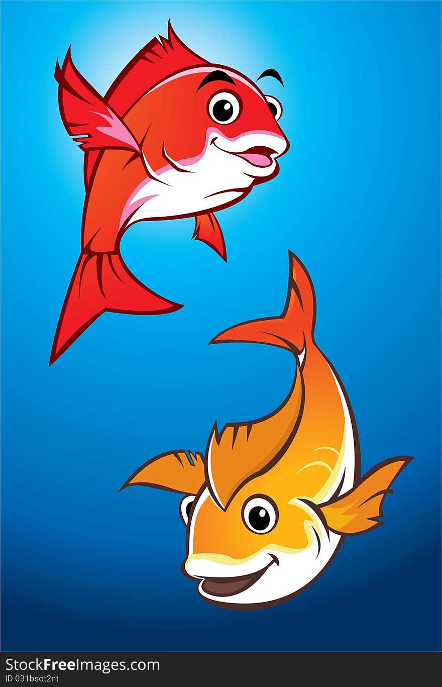 Pair Of Happy Red And Orange Fish Swimming In A Blue Pond. Pair Of Happy Red And Orange Fish Swimming In A Blue Pond