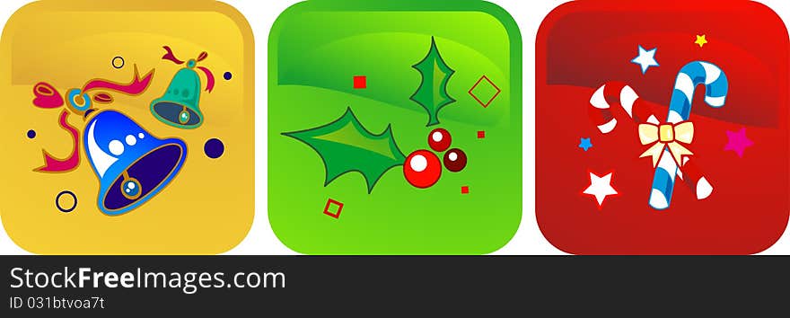 Icons Of Blue Jingle Bells, Holly And Berries And Candy Canes Over Yellow, Green And Red Backgrounds. Icons Of Blue Jingle Bells, Holly And Berries And Candy Canes Over Yellow, Green And Red Backgrounds