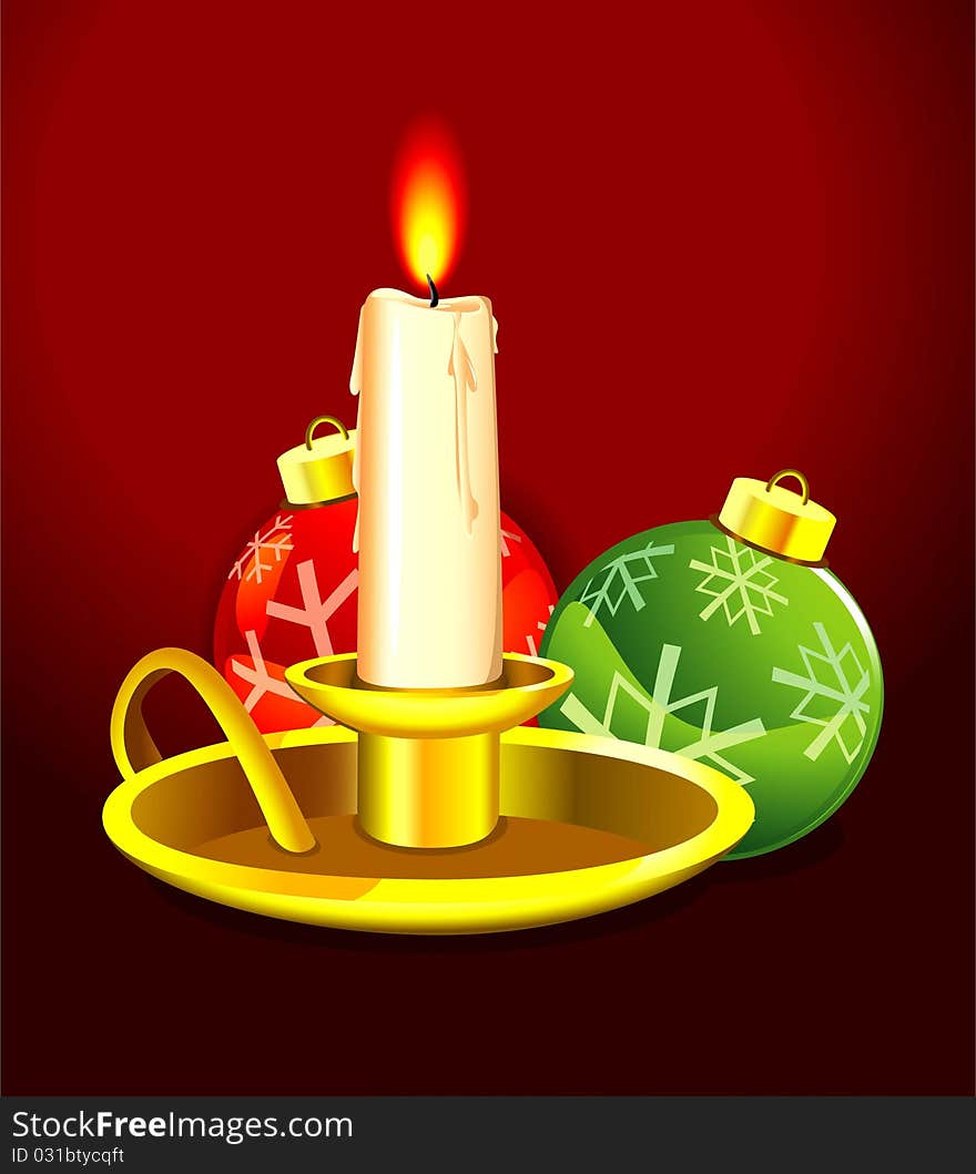 Melting Lit Candlestick In A Golden Tray, Casting Light On Red And Green Christmas Ornaments With Snowflake Designs, Over Red. Melting Lit Candlestick In A Golden Tray, Casting Light On Red And Green Christmas Ornaments With Snowflake Designs, Over Red