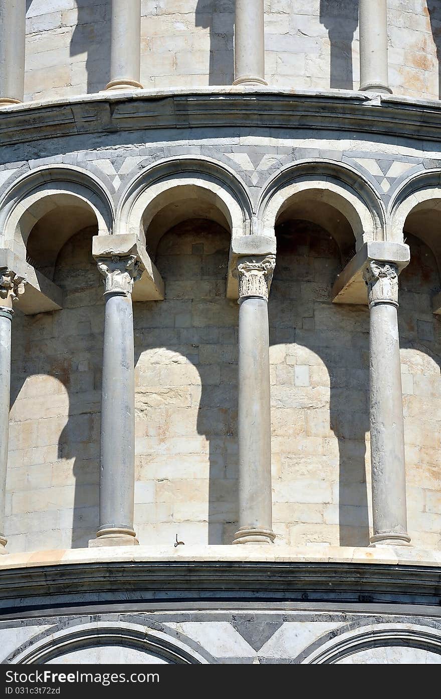 Detail of the Leaning Tower of Pisa in Tuscany, Italy