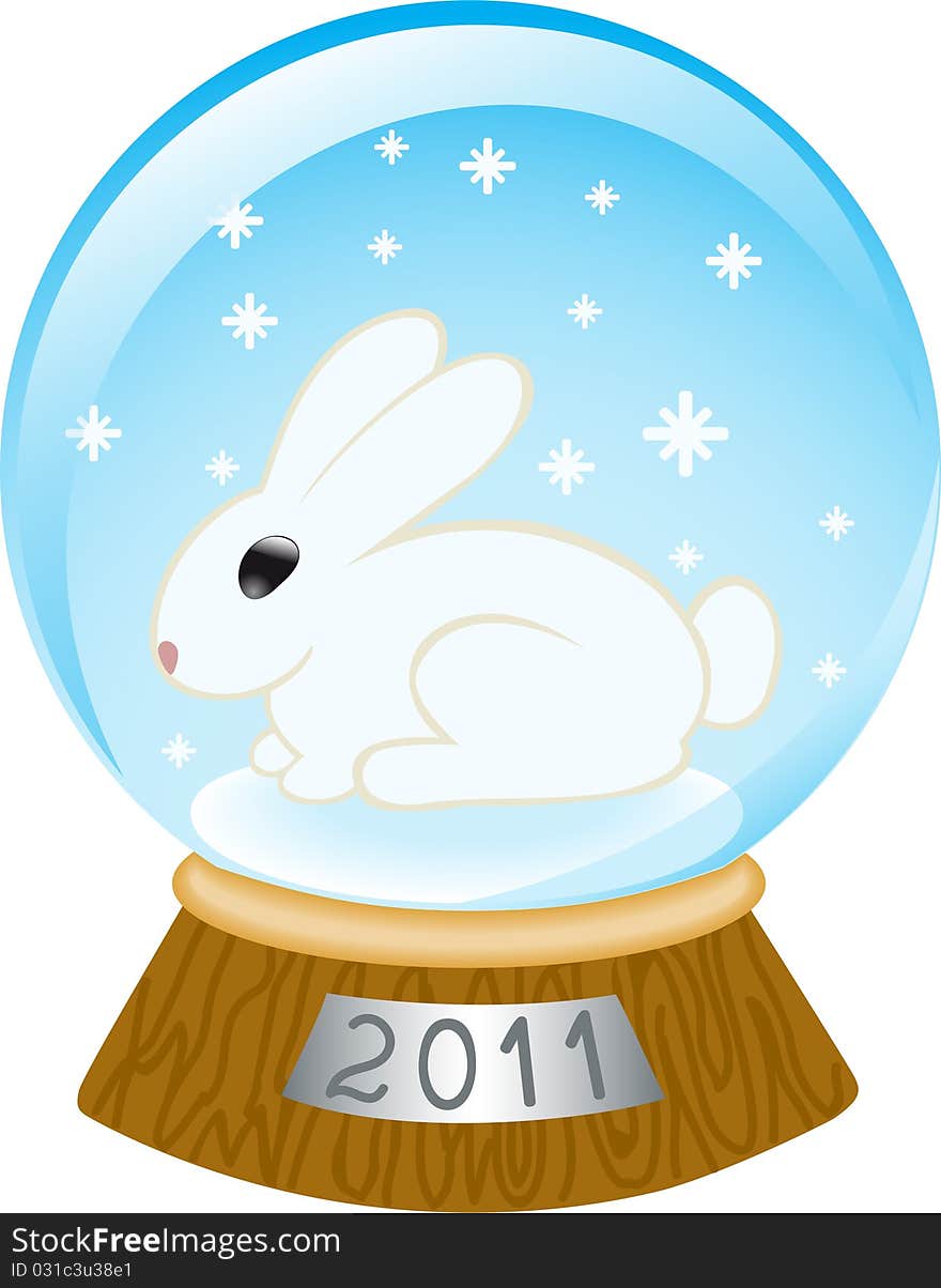 Glass bowl with a rabbit and falling snowflakes