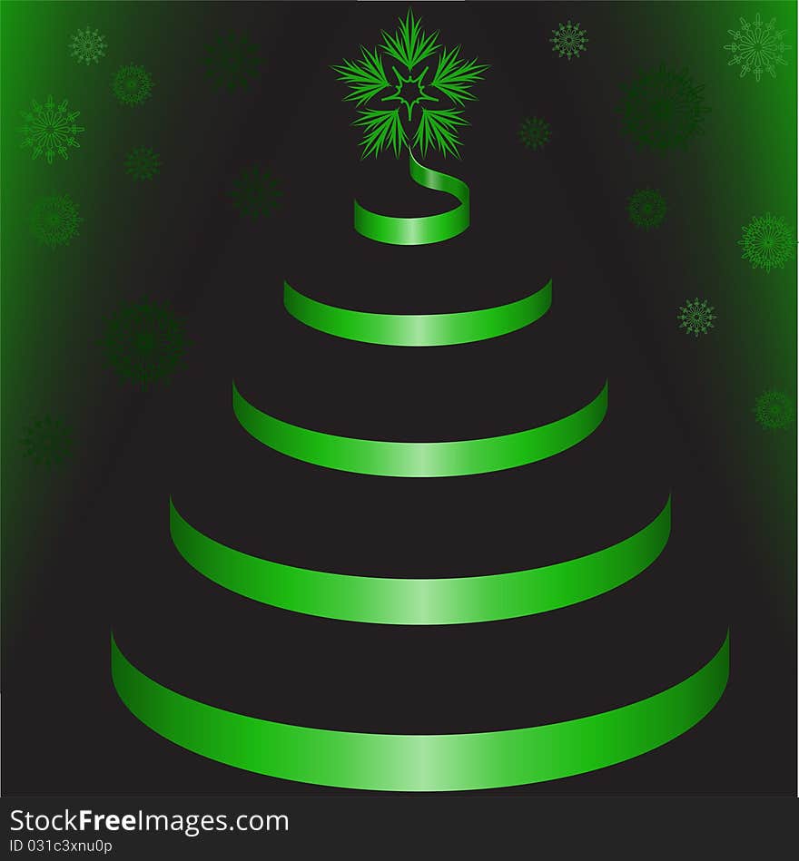 Green Tree of shiny ribbon on a black background with snowflakes