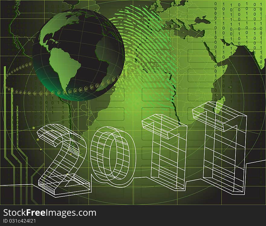 Happy New Year 2011 background with map of world