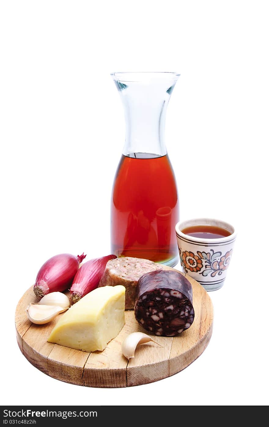 traditional food with red wine isolated on a white background