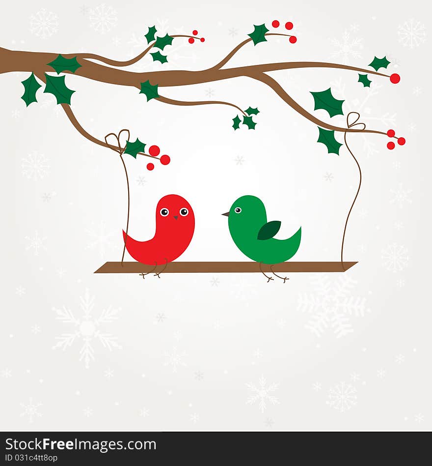 Birds couple on the holly berry branch.