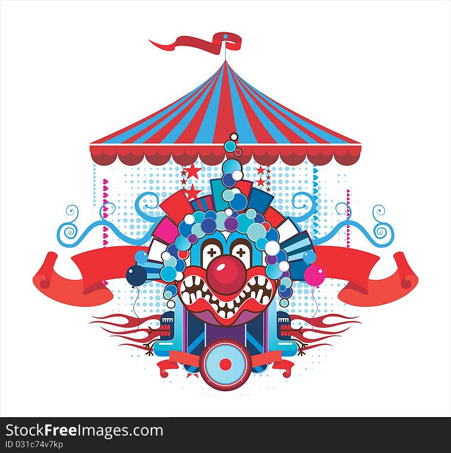 Circus composition with the malicious clown on a white background