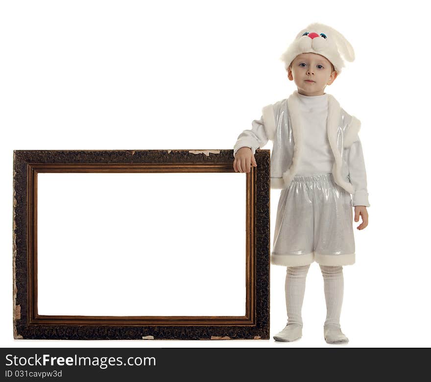 The boy in a suit of a hare has control over a frame from a picture