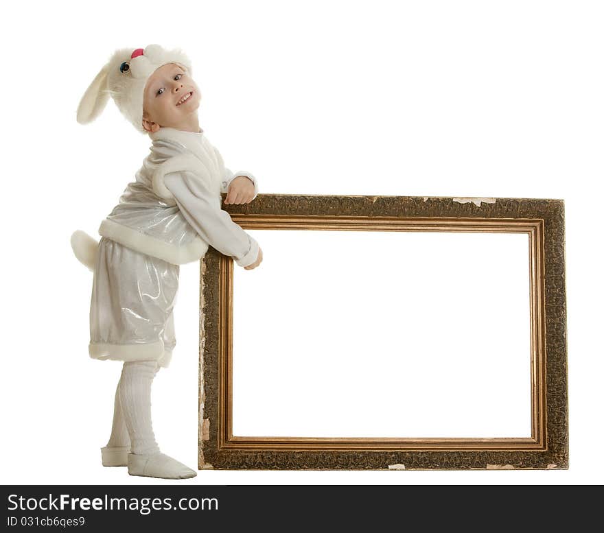 The boy in a suit of a hare has control over a frame from a picture