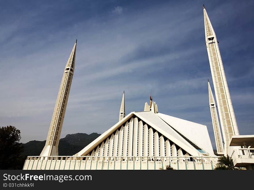 Side view of monstrous Faisal Mosque in Islamabad, Pakistan