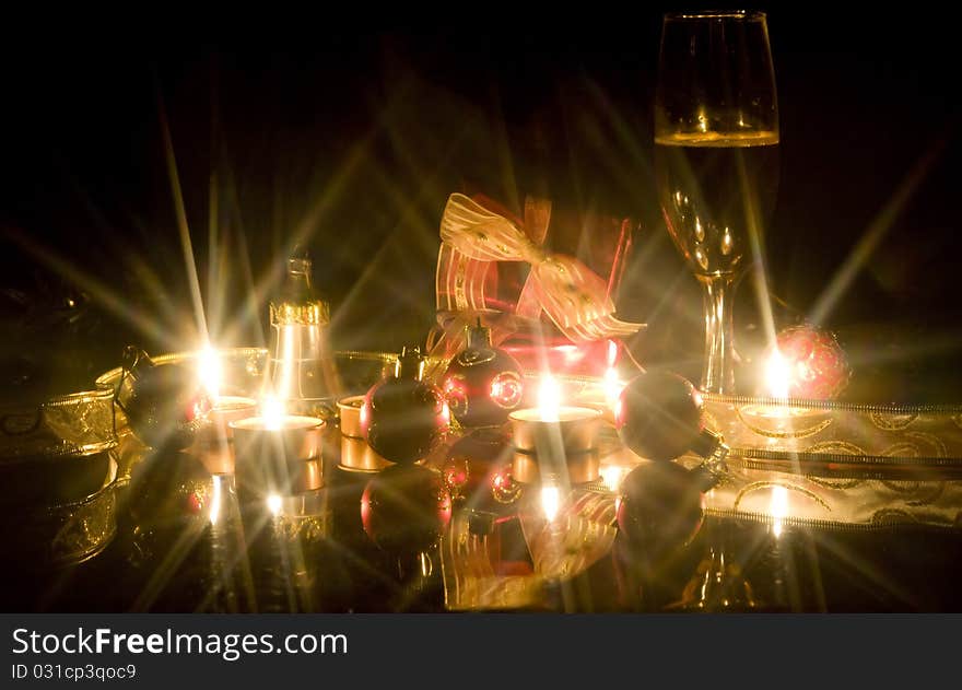 Christmas decorations and star shaped candles burning