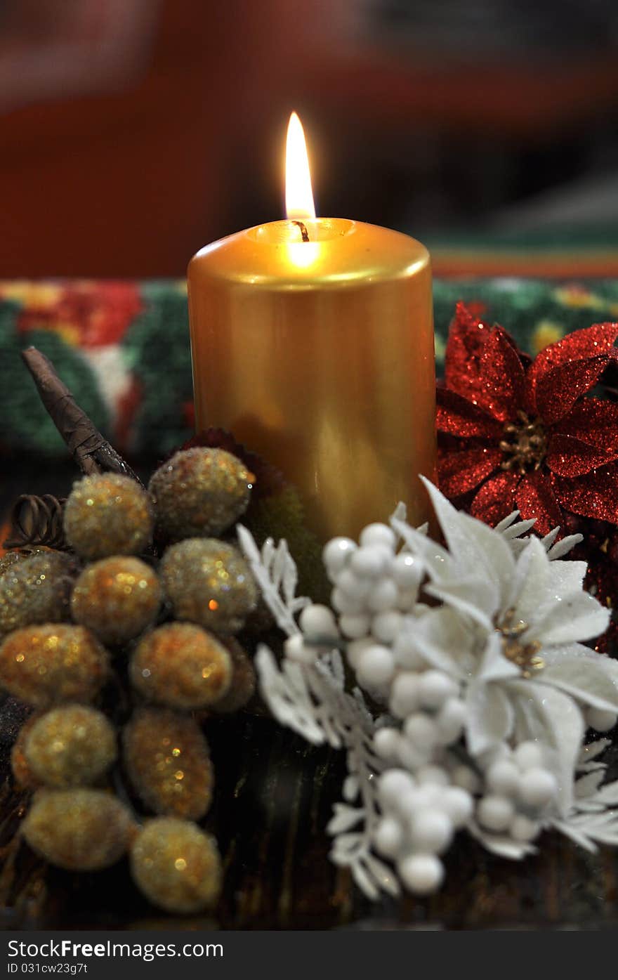 Golden candle and decorations for christmas. Golden candle and decorations for christmas