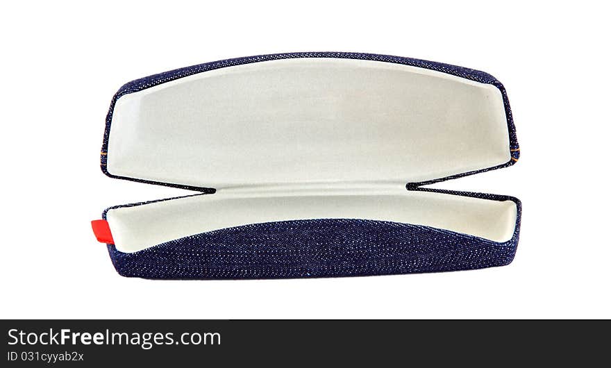 Isolated open blue jean sunglasses case on white background