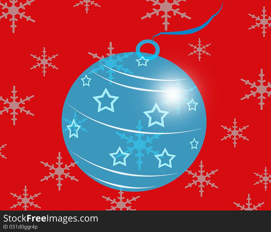 A blue glass Christmas ball decorated with stars on a red snowing background. Digital drawing. Coloured picture.