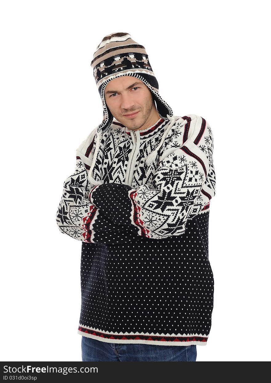 Funny winter man in warm hat and clothes smiling. isolated on white background. Funny winter man in warm hat and clothes smiling. isolated on white background