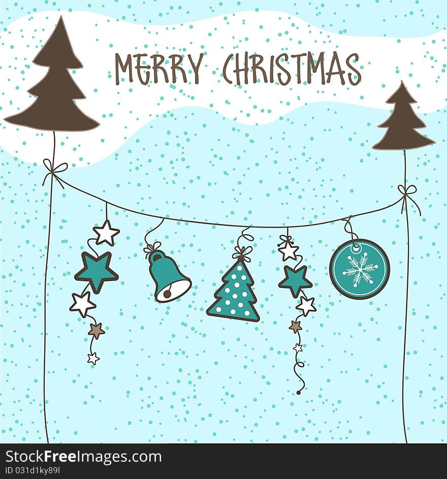 Christmas card with hanging elements on rope, vector