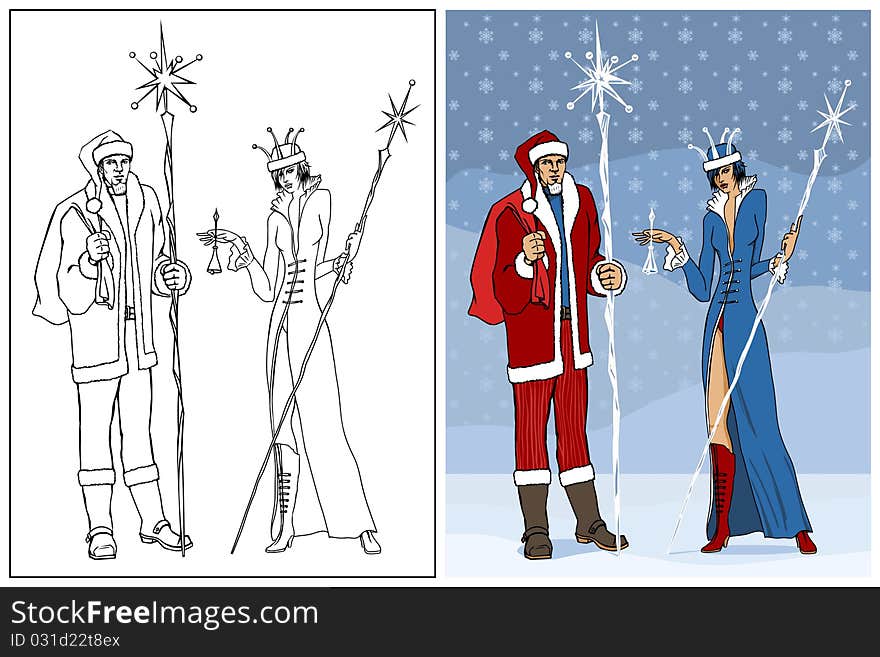 Merry Christmas and Happy New Year theme. Man and woman are dressed like Santa Claus. Vector illustration with separate layers for the colors and contours. Merry Christmas and Happy New Year theme. Man and woman are dressed like Santa Claus. Vector illustration with separate layers for the colors and contours.