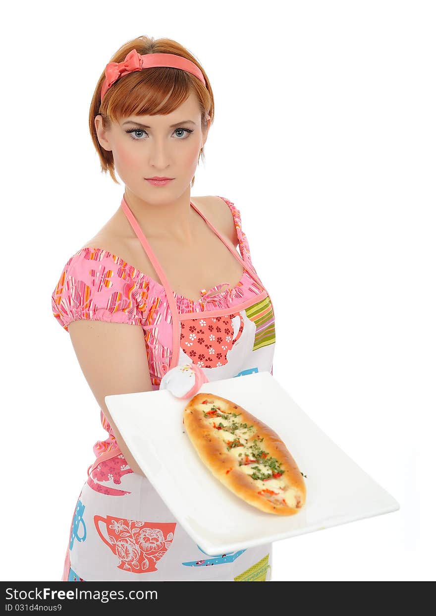 Beautiful cooking woman in apron with italian sandwich. isolated on white background. Beautiful cooking woman in apron with italian sandwich. isolated on white background