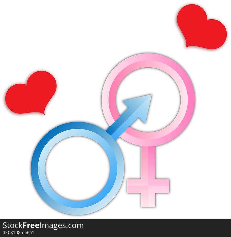 Heart on symbol of male and female on white background. Heart on symbol of male and female on white background