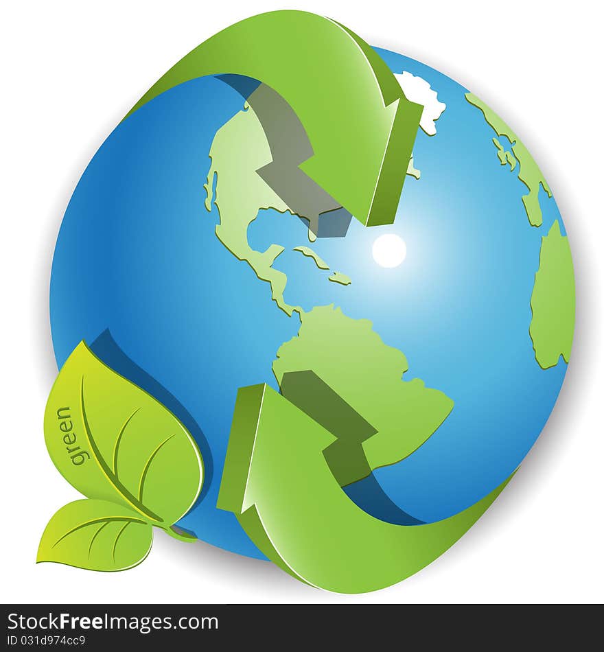 Abstract illustration green round arrows around globe