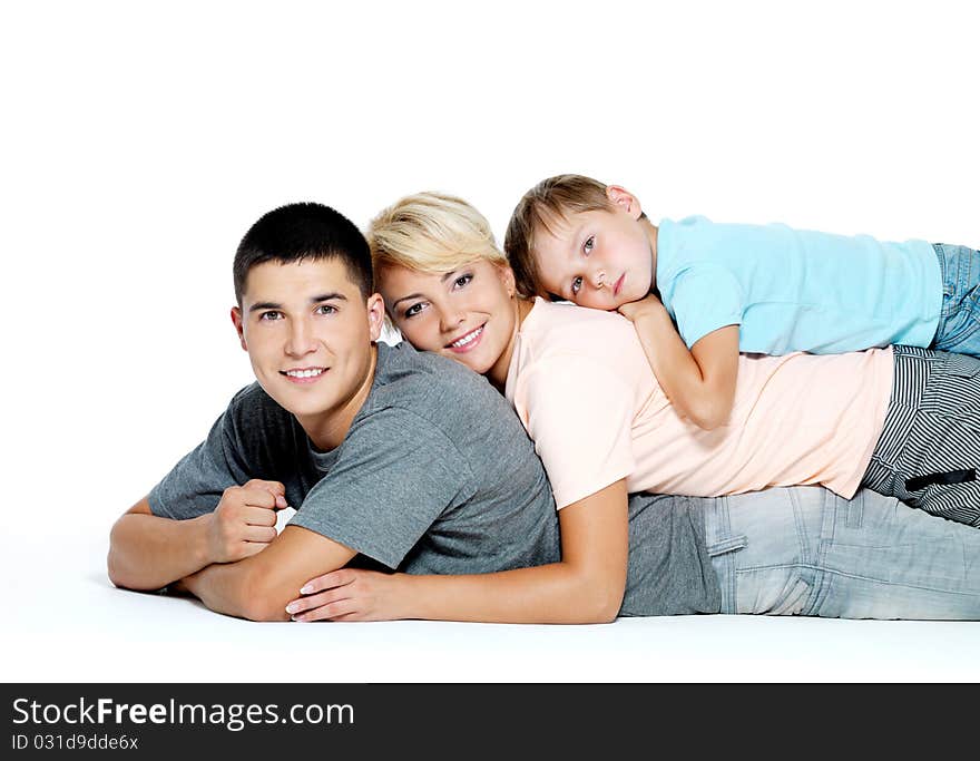 Happy youngl smiling family with little boy - isolated. Happy youngl smiling family with little boy - isolated