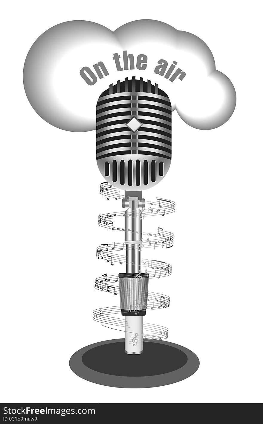 Antique microphone with music note on white