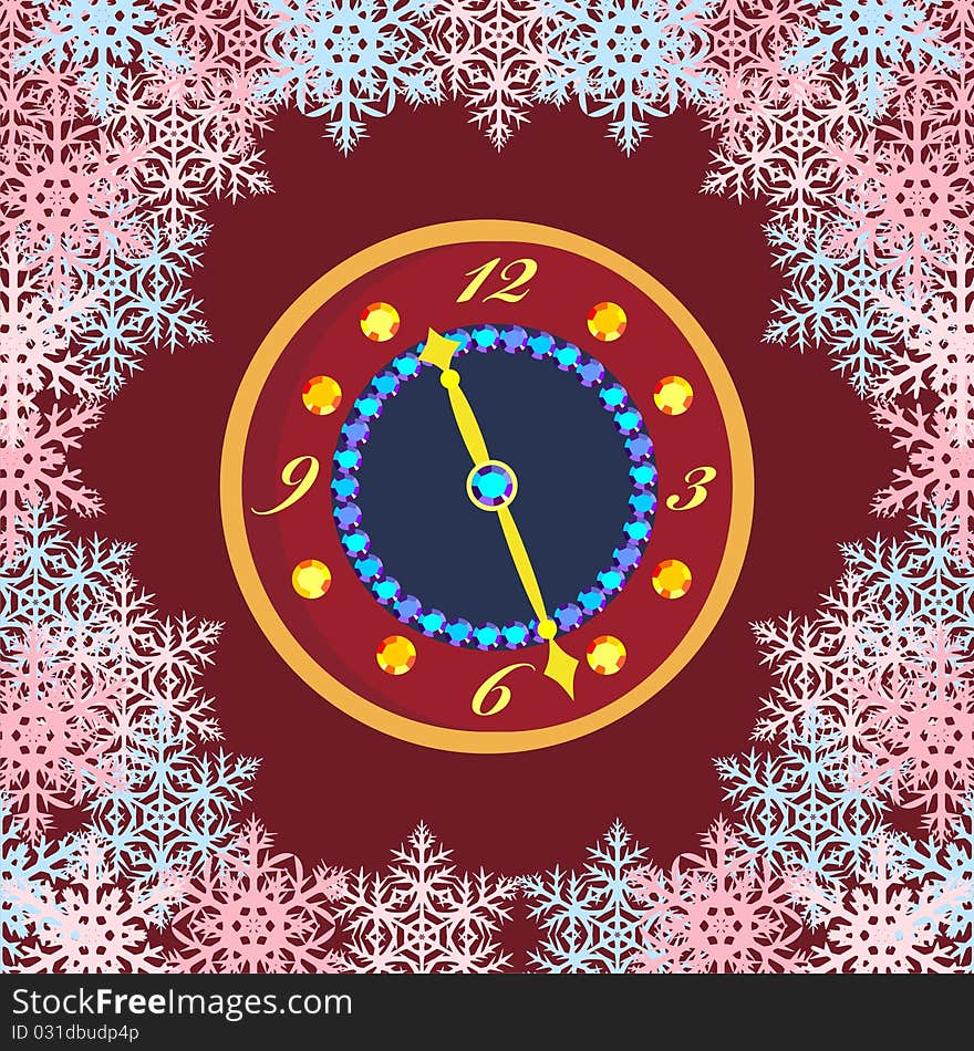 Postcard with Snowflakes and clock