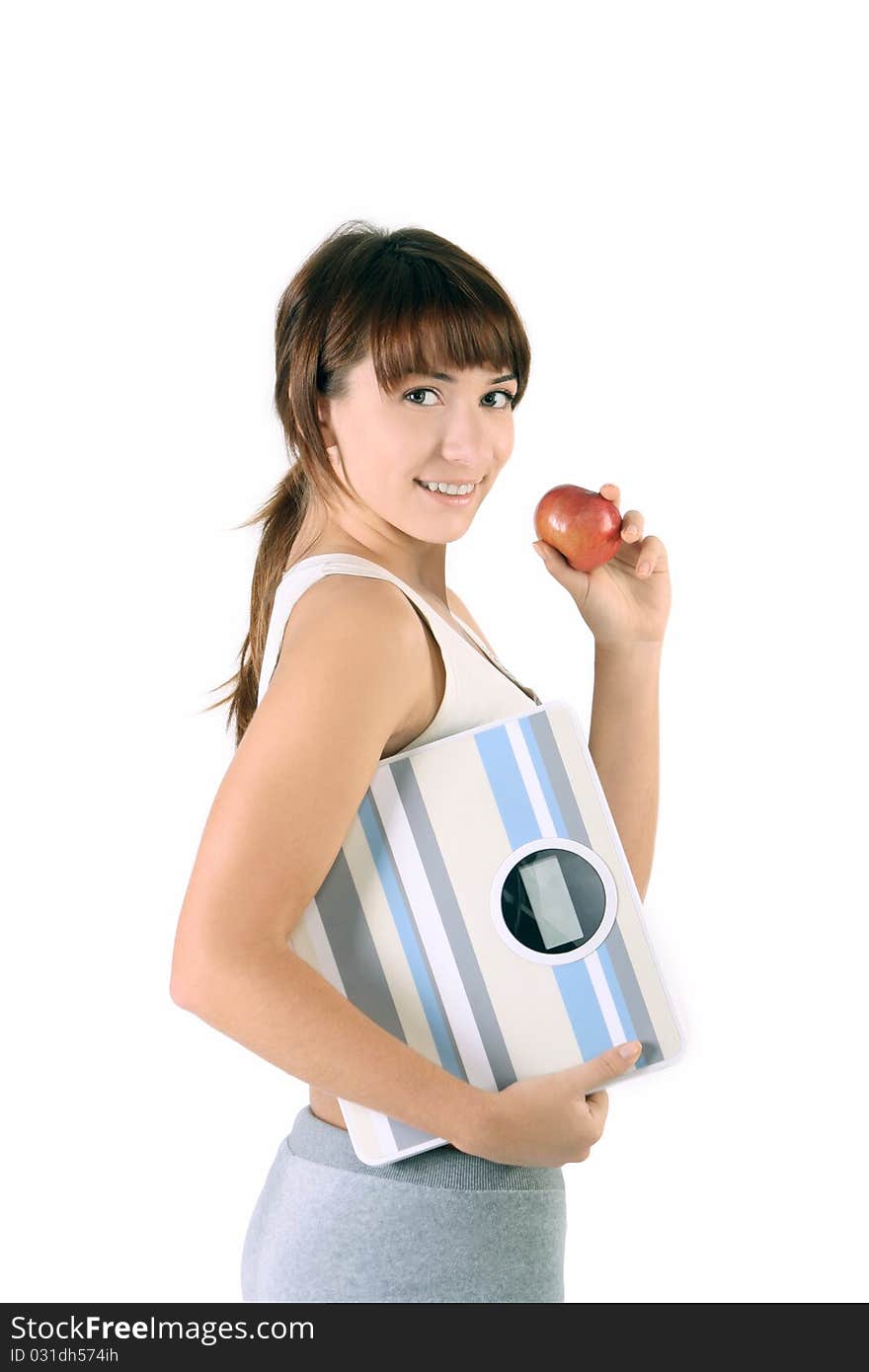 Brunette with scales and red apple