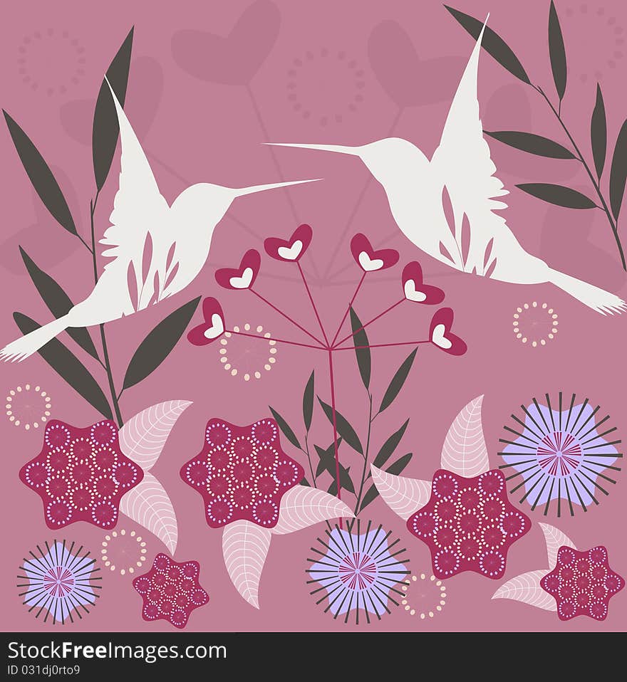 Romantic natural background - loving birds and flowers. Romantic natural background - loving birds and flowers